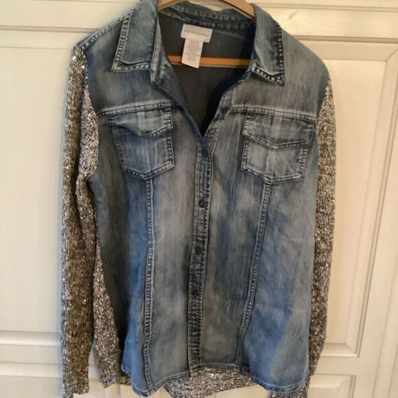 Soft Surroundings Two Tone Denim Knit Button Down Jean Shirt Jacket Sz L Sequins - Picture 1 of 9